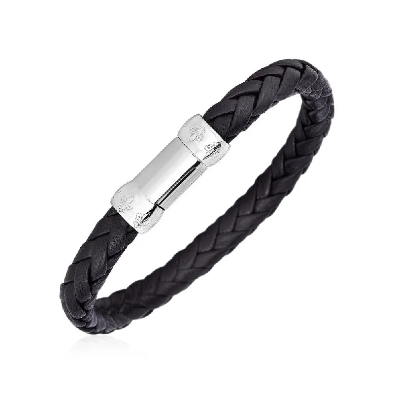 rugged sapphire bracelet-Braided Black Leather Bracelet with Sterling Silver Clasp