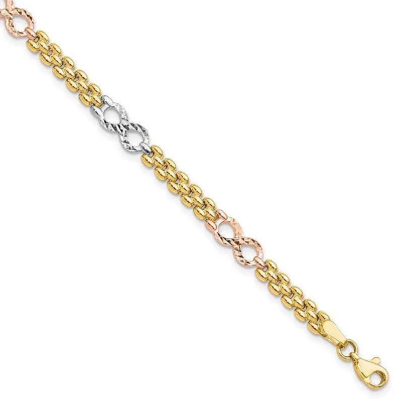 vine-themed charm bracelet-Curata 14k Tri color Gold Polished and Textured Infinity Fancy Bracelet 7.5 Inch