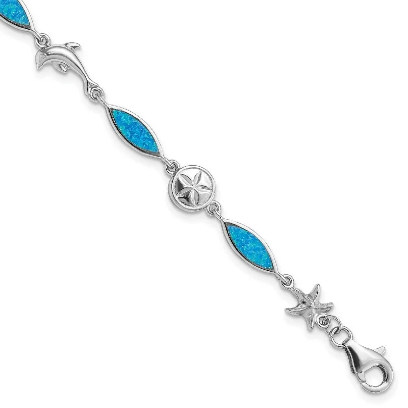 lavish chain bracelet-Curata 20mm 925 Sterling Silver Rhodium Plated Blue Inlay Simulated Opal Sea Life Bracelet 7 Inch