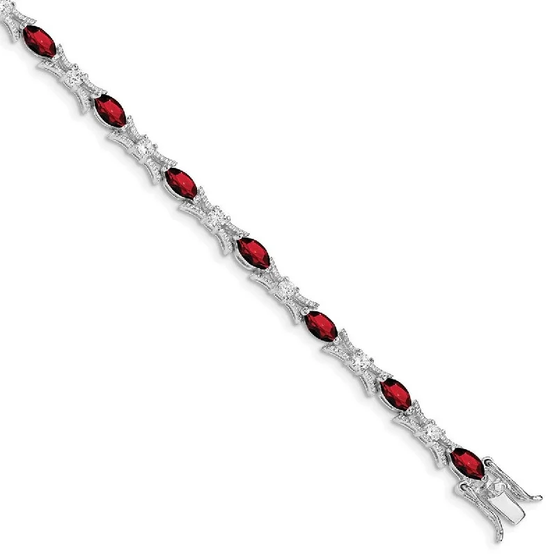 cast silver chain bracelet-Curata 925 Sterling Silver Polished Box Catch Closure Garnet and CZ Cubic Zirconia Simulated Diamond Bracelet 7.5 Inch Box Clasp