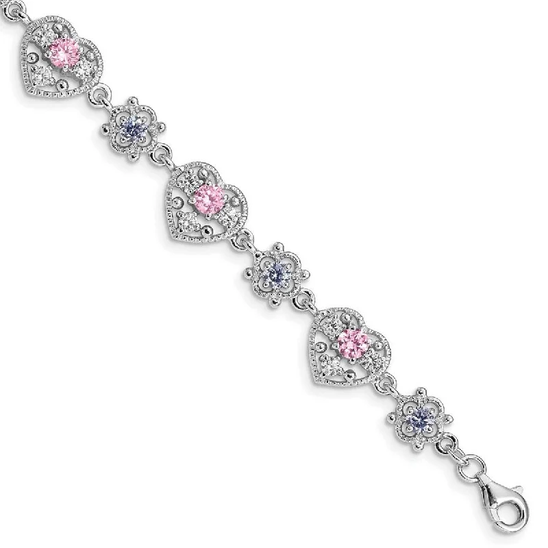 stretchable gold bracelet-Curata 925 Sterling Silver Polished Fancy Lobster Closure 7inch Lavender and Pink CZ Cubic Zirconia Simulated Diamond Bracelet