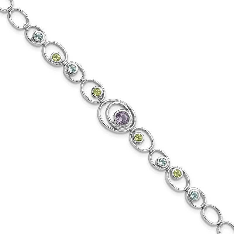 peridot beaded bracelet-Curata 925 Sterling Silver Polished Multi colored Fancy Lobster Closure Rhodium Plated With Peridot Blue Topaz and Amethyst