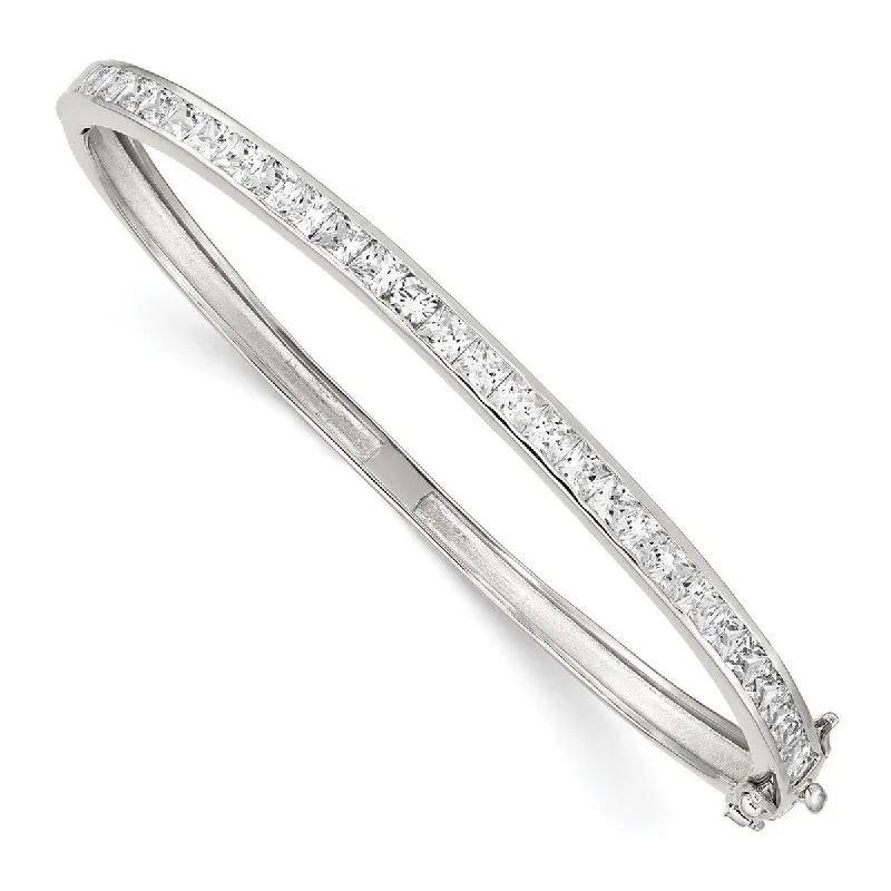 narrow gemstone bracelet-Curata 925 Sterling Silver Polished Safety bar Box Catch Closure CZ Cubic Zirconia Simulated Diamond Hinged Cuff Stackable