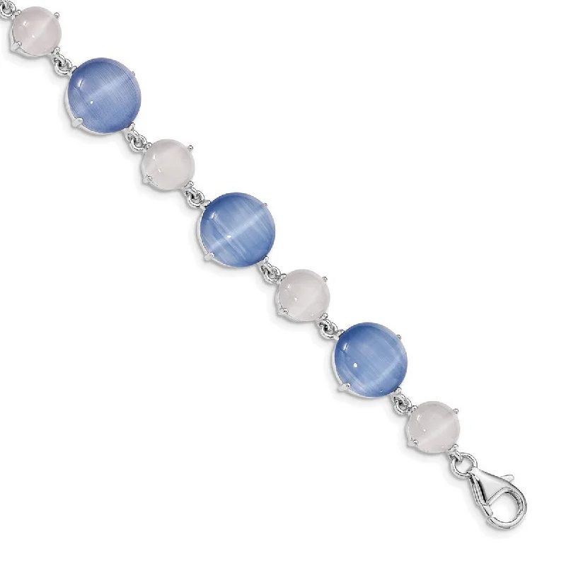 wave-shaped charm bracelet-Curata 925 Sterling Silver Rhodium Plated Created Blue Cats Eye With 1inch Ext. Bracelet 7 Inch