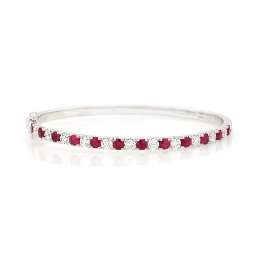 wave-shaped bracelet-Elegant 18K White Gold Diamond & Ruby Bangle Bracelet