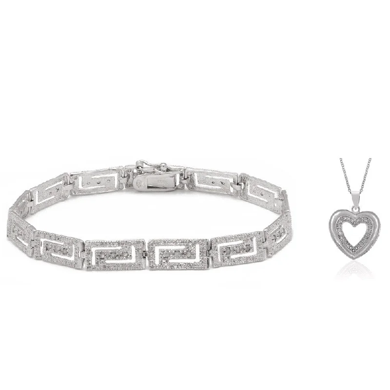 rose gold wave bracelet-Finesque Sterling Silver 1/4ct TDW Diamond Greek Key Bracelet with Bonus Necklace (I-J, I2-I3)