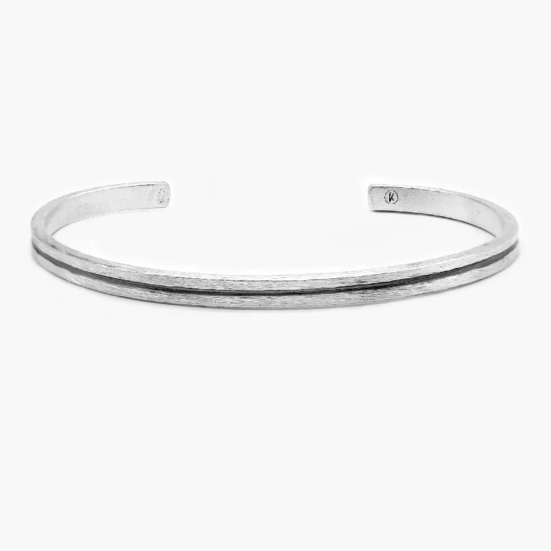 tendril carved bracelet-Hand Forged Sterling Silver Bangle With Oxidised Line