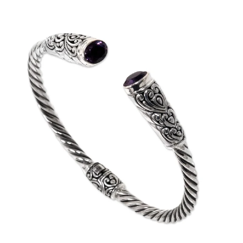 wave-shaped bracelet-Handmade Sterling Silver Totem Hearts Amethyst Bracelet (Indonesia)