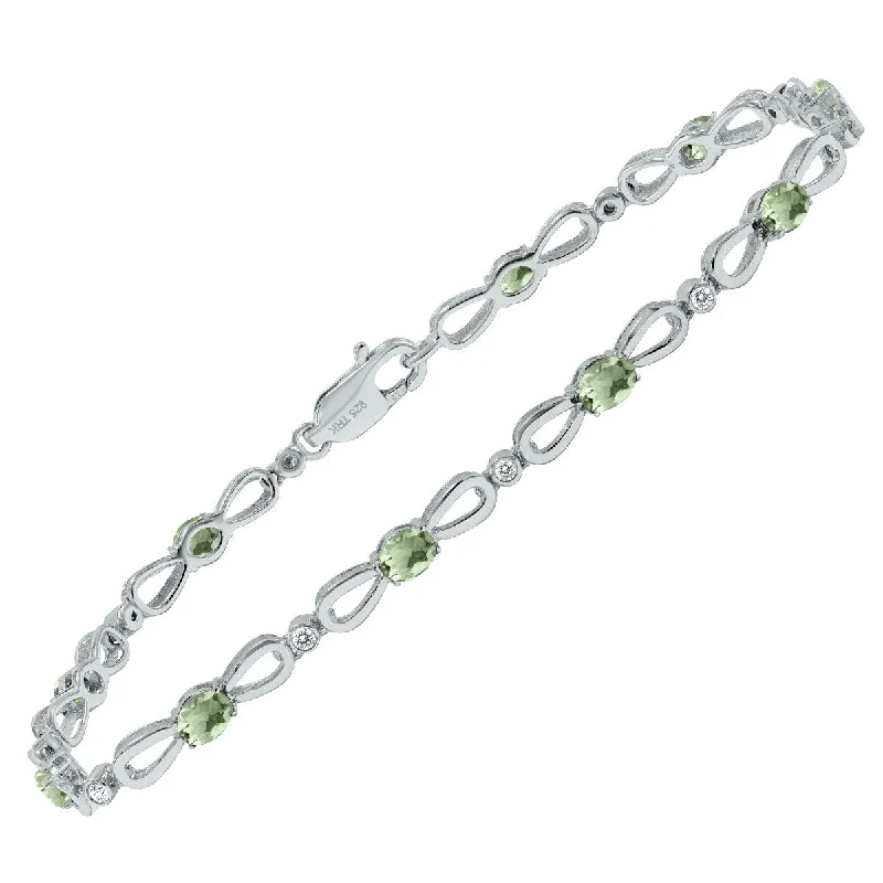 wave gemstone bracelet-Marquee Green Amethyst and Natural Diamond Ribbon Loop Bracelet in .925 Sterling Silver