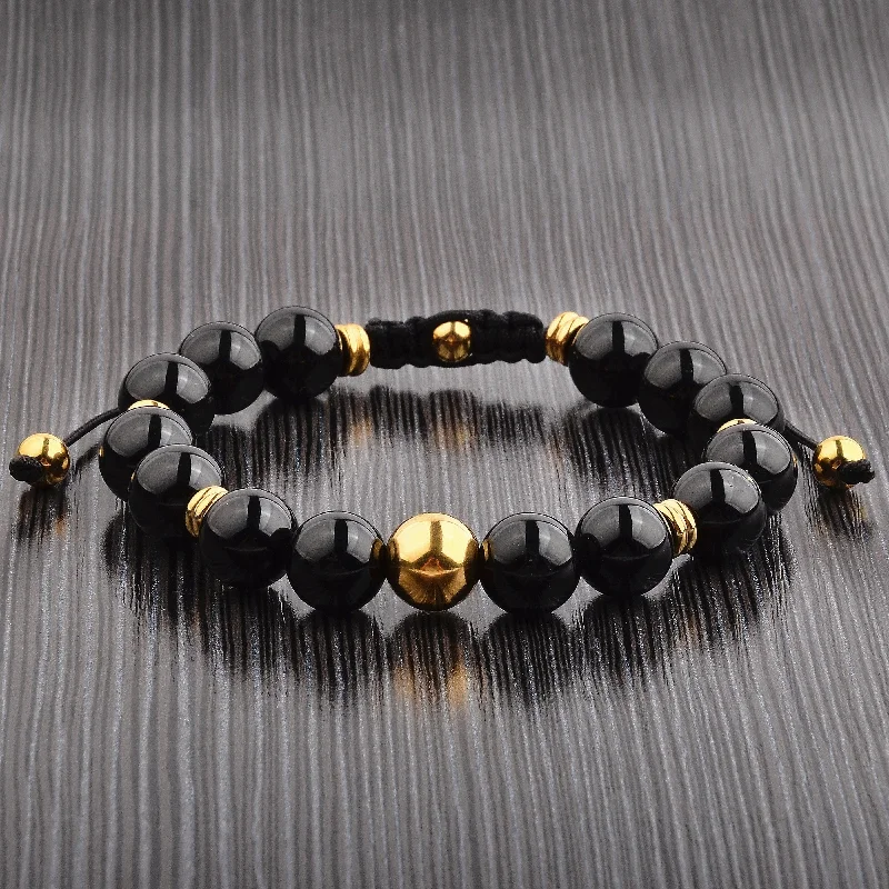 stretchable silver bracelet-Men's Onyx Stone Gold Plated Steel Adjustable Bracelet (10mm)