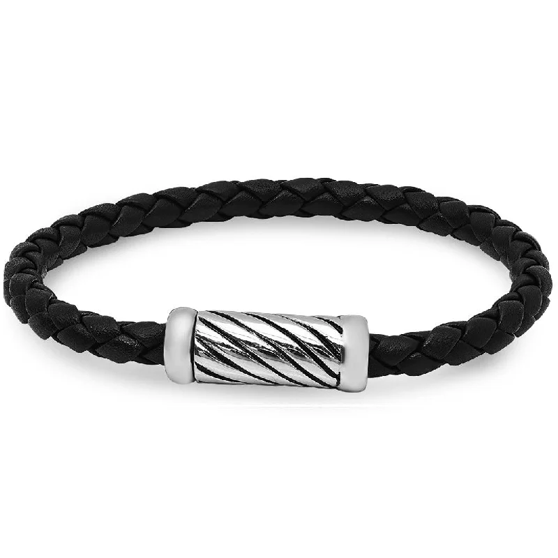 six-gem beaded bracelet-Oxford Ivy Braided Black Leather Bracelet with Magnetic Stainless Steel Clasp