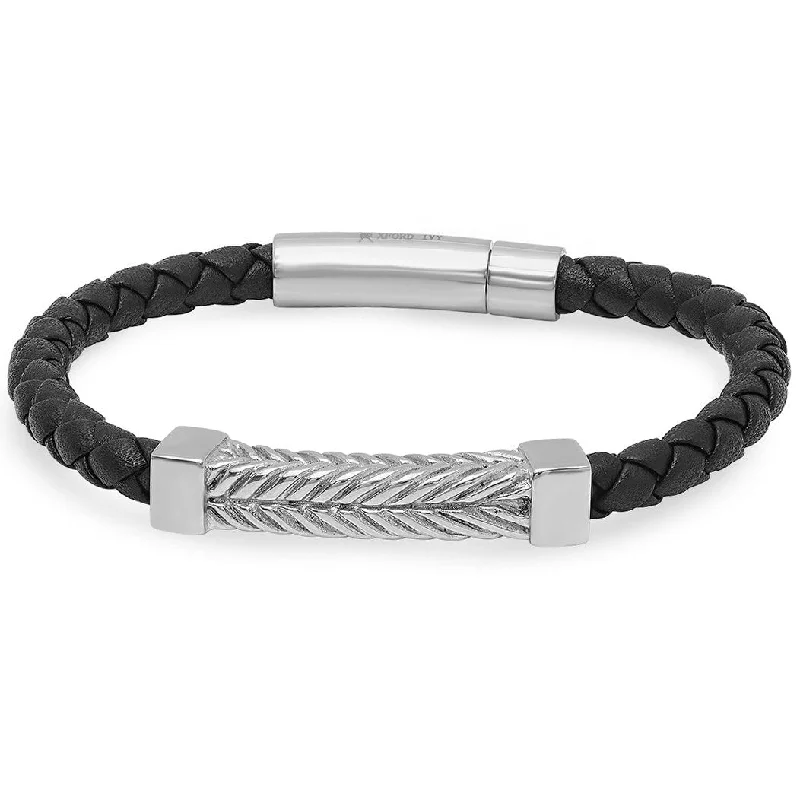 arched modern bracelet-Oxford Ivy Braided Black Leather Fashion Bracelet with Locking Stainless Steel Clasp ( 8 1/2 inches)