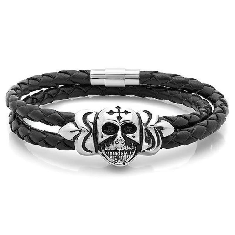 baroque emerald chain bracelet-Oxford Ivy Braided Black Leather Wrap Around Steel Skull with Cross Bracelet