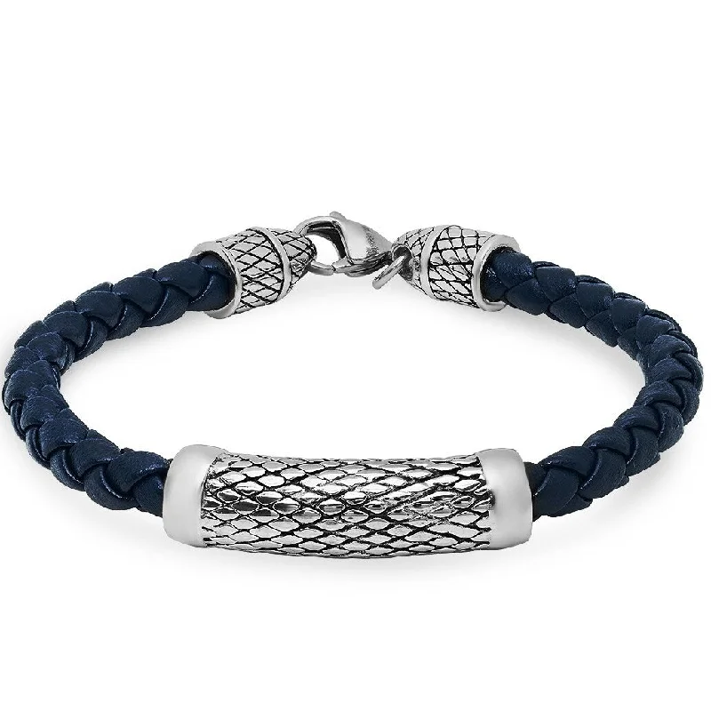 rover turquoise bracelet-Oxford Ivy Braided Navy Blue Leather Bracelet with Lobster Claw Clasp ( 8 3/4 inches)