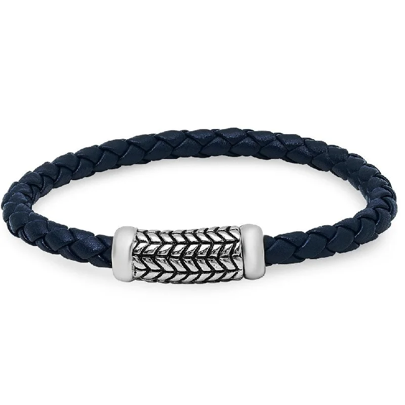 garnet healing bracelet-Oxford Ivy Braided Navy Blue Leather Bracelet with Magnetic Stainless Steel Clasp ( 8 3/4 inches)