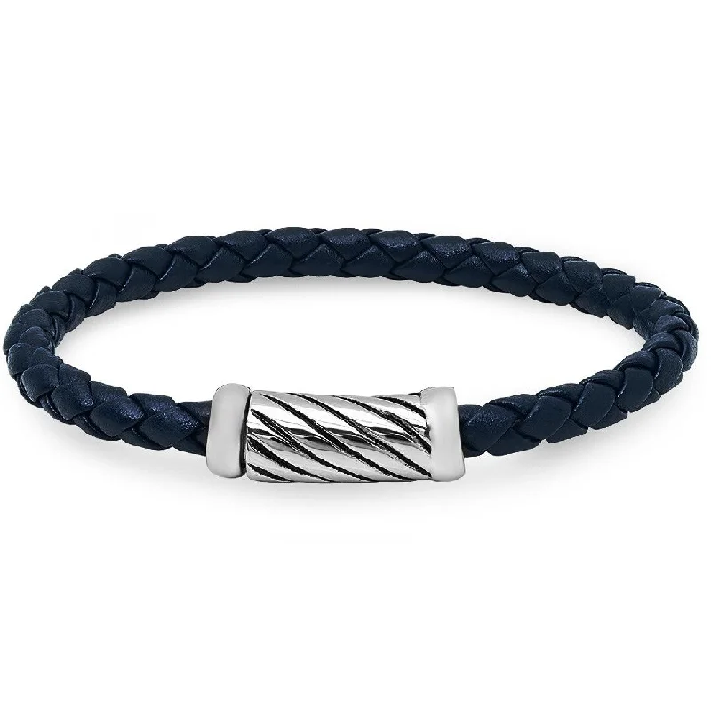 steel chain bracelet-Oxford Ivy Braided Navy Leather Bracelet with Magnetic Stainless Steel Clasp ( 8 1/2 inches)