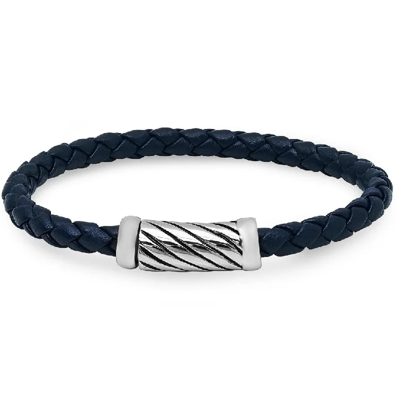 ribbed silver bracelet-Oxford Ivy Braided Navy Leather Bracelet with Magnetic Stainless Steel Clasp ( 8 3/4 inches)