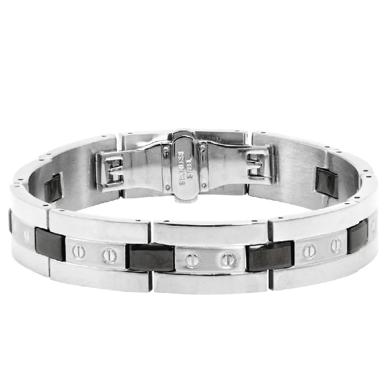 tendril engraved bracelet-Oxford Ivy Men's Stainless Steel and Ceramic Accent Link Bracelet