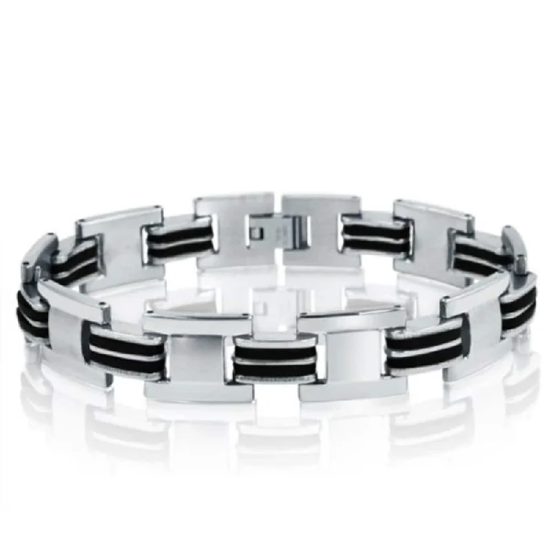 wave-shaped link bracelet-Oxford Ivy Stainless Steel with Black Rubber Mens Chain Link Bracelet 8 1/2 inches