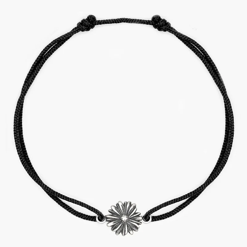 wave-shaped bangle bracelet-Rope Bracelet With Sterling Silver Daisy Charm (Black)