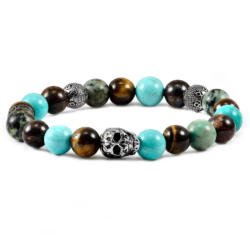 amber link bracelet-Stainless Steel Skull Natural Stone Beaded Stretch Bracelet (10mm)