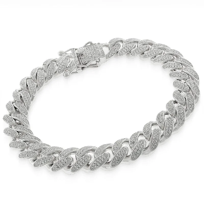 carved silver bracelet-Sterling Silver 12mm Iced Out CZ Miami Cuban Solid 925 Rhodium Bling Bracelet Chain 9"