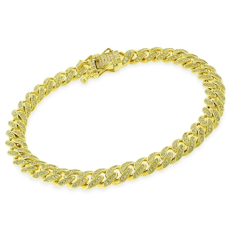 tendril charm bracelet-Sterling Silver 8.5mm Iced Out CZ Miami Cuban Solid 925 Yellow Gold Bling Bracelet Chain 8.75"