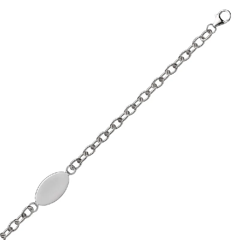 cast silver chain bracelet-Sterling Silver Rhodium Plated Chain Bracelet with a Flat Oval Station