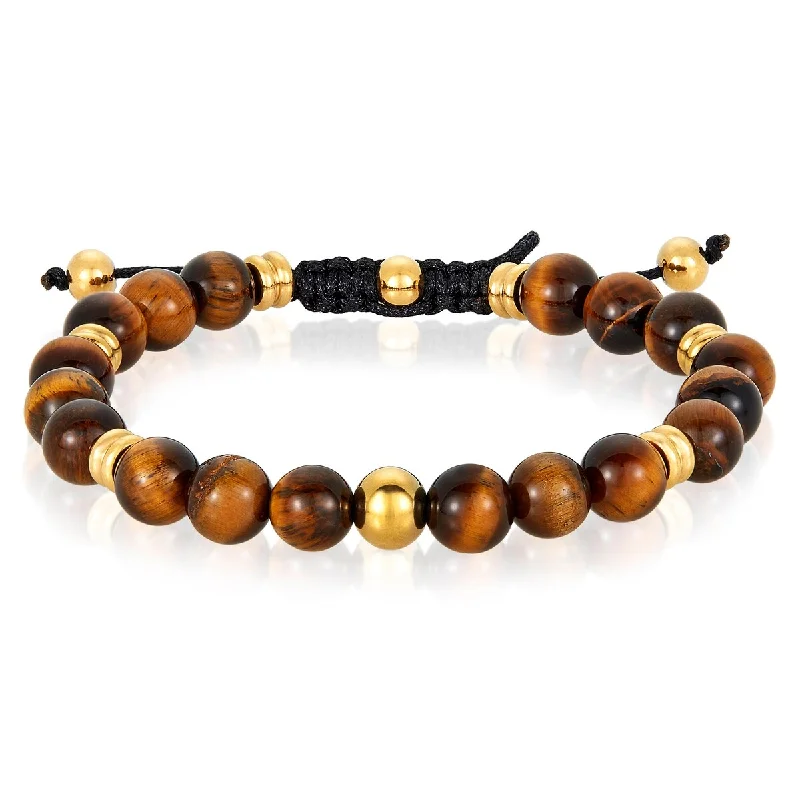 rose gold six-link bracelet-Tiger's Eye Stone and Stainless Steel Beaded Adjustable Bracelet (8mm)