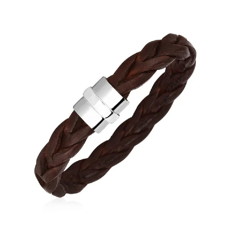 weathered gold bracelet-Wide Braided Brown Leather Bracelet with Sterling Silver Clasp