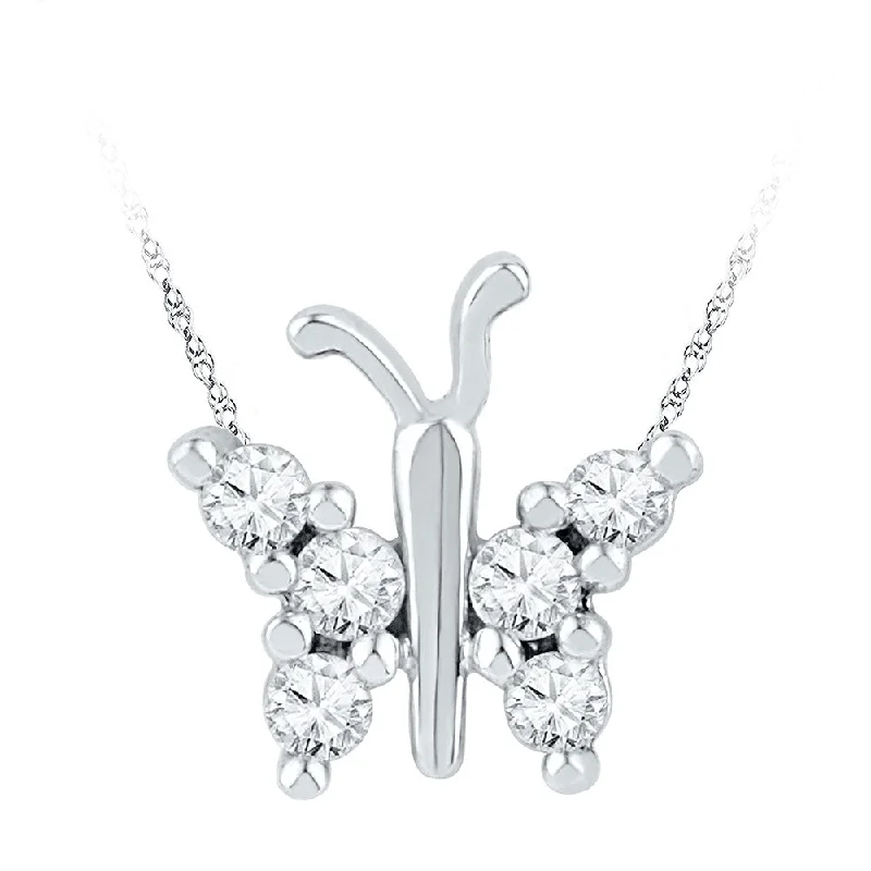 twisted silver necklace-10k White Gold Womens Round Diamond Small Butterfly Bug Insect Pendant 1/5 Cttw