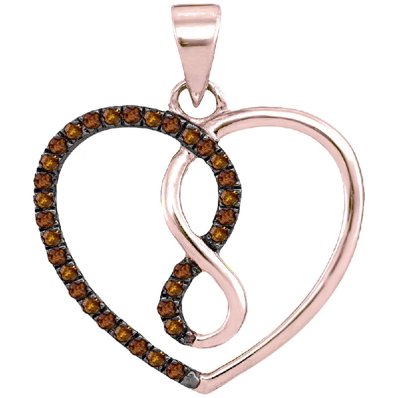 stretchable gold necklace-10kt Rose Gold Womens Round Brown Diamond Heart Infinity Pendant 1/8 Cttw