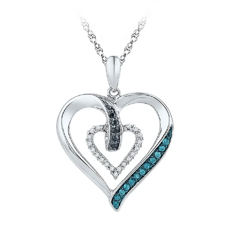 rover turquoise necklace-10kt White Gold Womens Round Black Blue Color Enhanced Diamond Heart Pendant 1/6 Cttw