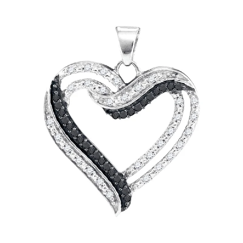 tendril carved necklace-10kt White Gold Womens Round Black Color Enhanced Diamond Heart Outline Pendant 1/3 Cttw