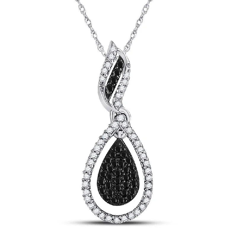 vine-inspired chain necklace-10kt White Gold Womens Round Black Color Enhanced Diamond Teardrop Pendant 1/3 Cttw