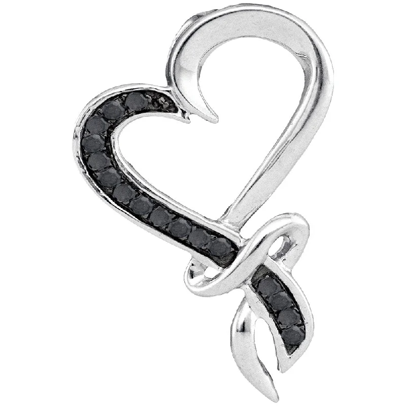 10kt White Gold Womens Round Black Color Enhanced Diamond Twist Heart Pendant 1/10 Cttw