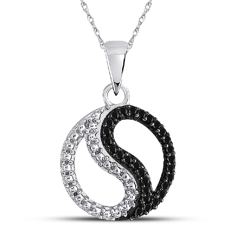 arched layered necklace-10kt White Gold Womens Round Black Color Enhanced Diamond Ying Yang Circle Pendant 1/10 Cttw