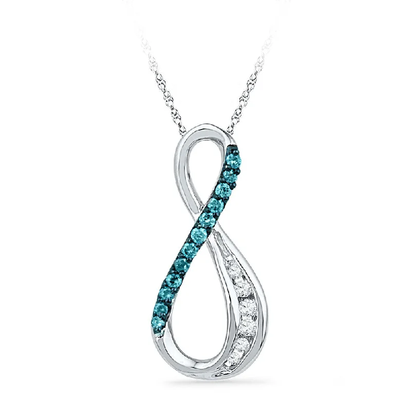 ribbed silver necklace-10kt White Gold Womens Round Blue Color Enhanced Diamond Infinity Pendant 1/6 Cttw