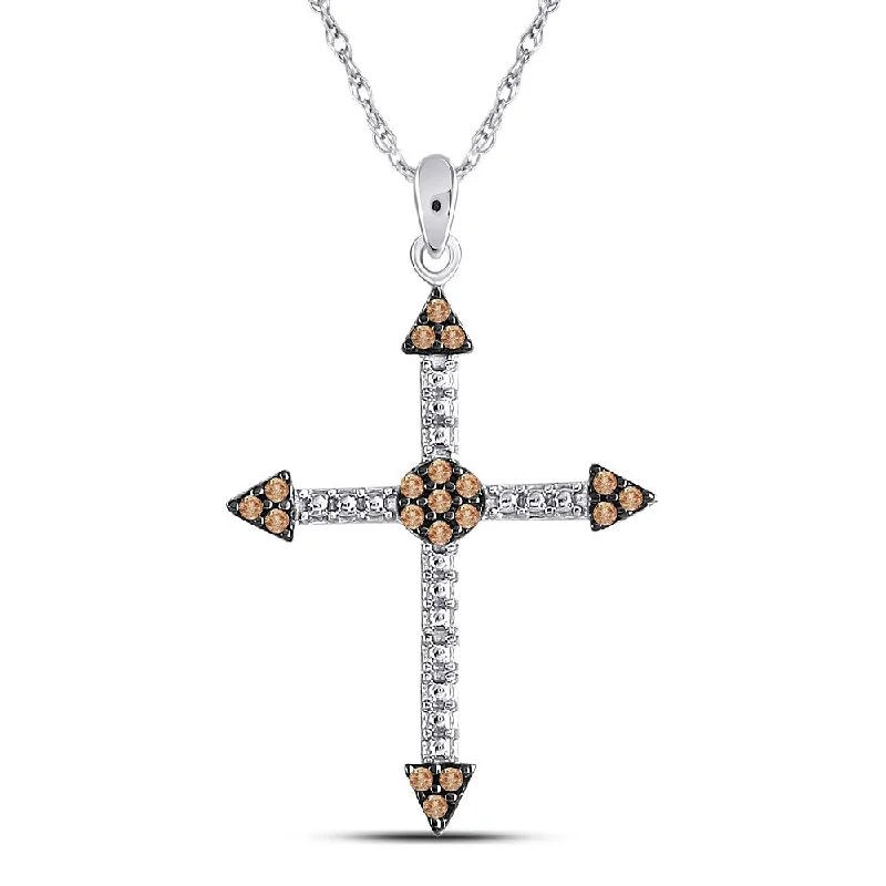 rover peridot necklace-10kt White Gold Womens Round Brown Diamond Cross Beaded Pendant 1/6 Cttw