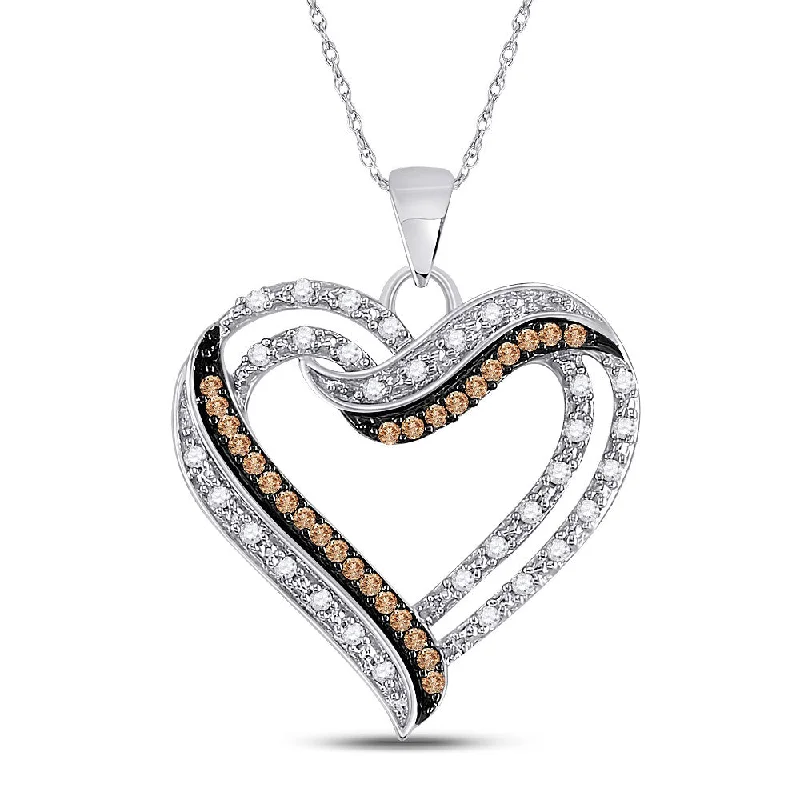 rugged silver necklace-10kt White Gold Womens Round Brown Diamond Heart Pendant 1/3 Cttw