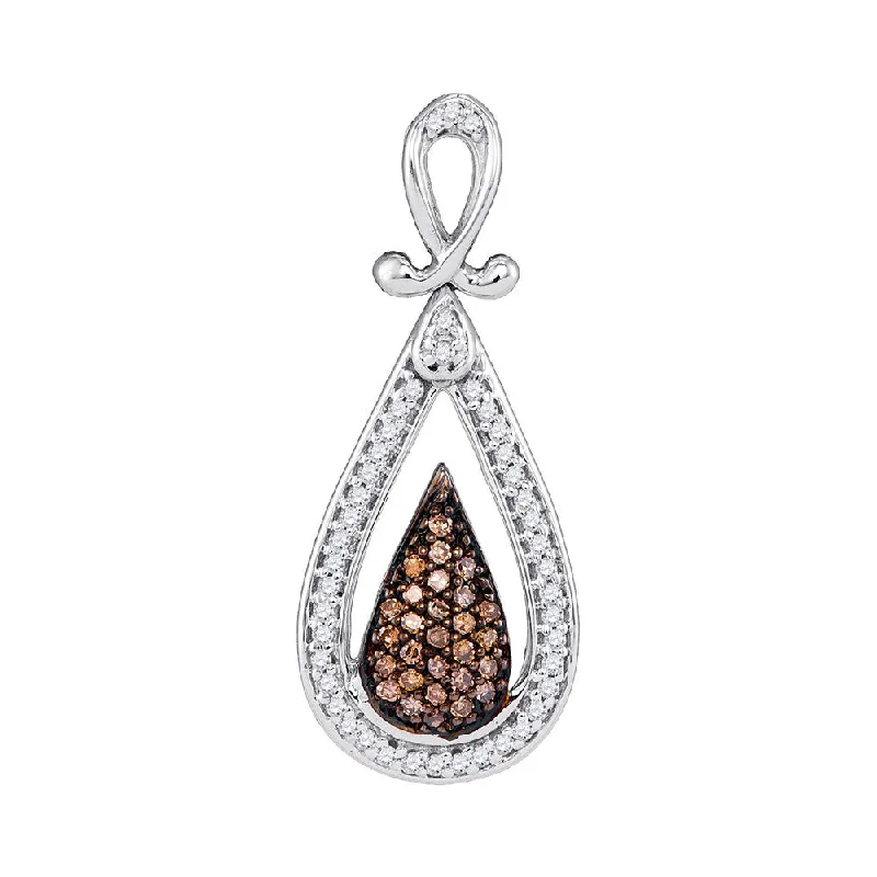 sci-fi gold necklace-10kt White Gold Womens Round Brown Diamond Teardrop Cluster Pendant 1/4 Cttw