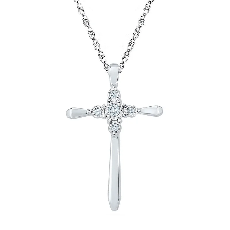 arched layered necklace-10kt White Gold Womens Round Diamond Cross Religious Pendant 1/20 Cttw