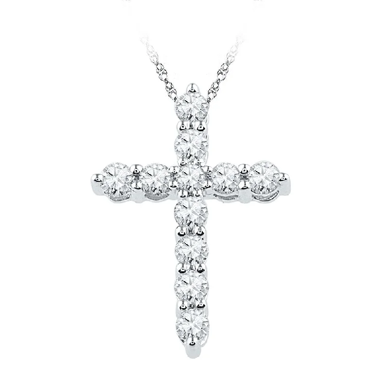 rover layered necklace-10kt White Gold Womens Round Diamond Cross Religious Pendant 1/3 Cttw