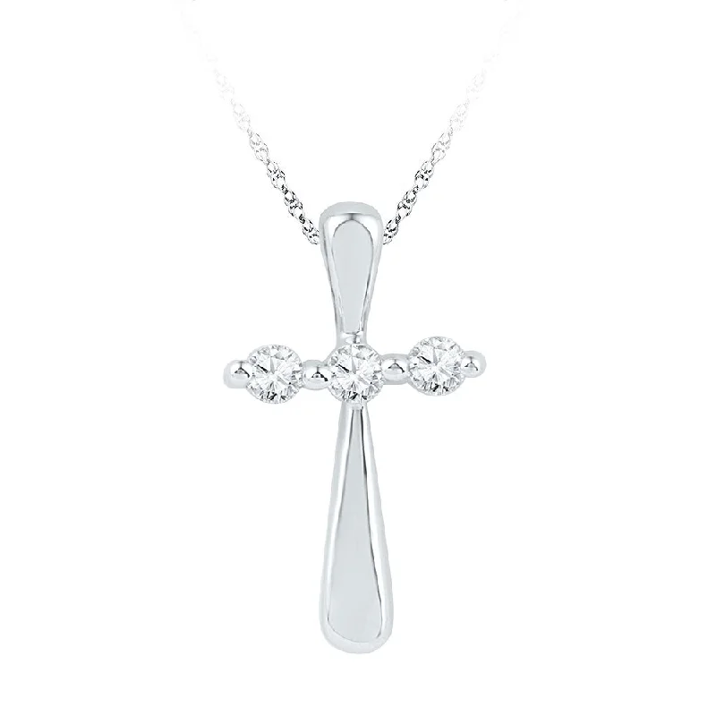 stretchable layered necklace-10kt White Gold Womens Round Diamond Cross Religious Pendant 1/6 Cttw