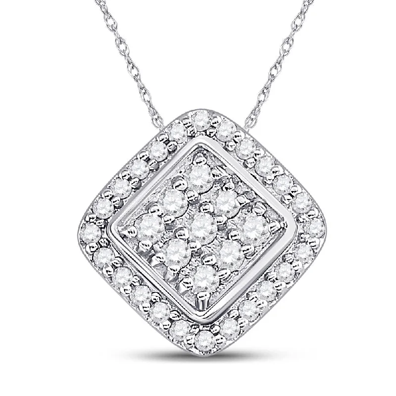 radiant pendant necklace-10kt White Gold Womens Round Diamond Diagonal Square Frame Cluster Pendant 1/4 Cttw