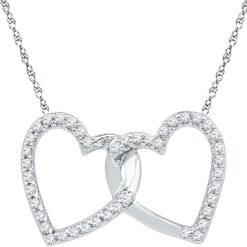 rose gold helix necklace-10kt White Gold Womens Round Diamond Double Linked Heart Pendant 1/6 Cttw