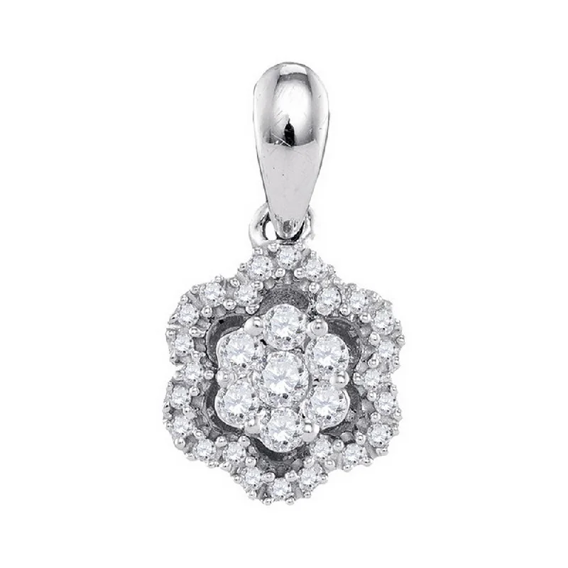 vine-themed pendant necklace-10kt White Gold Womens Round Diamond Flower Cluster Pendant 1/5 Cttw