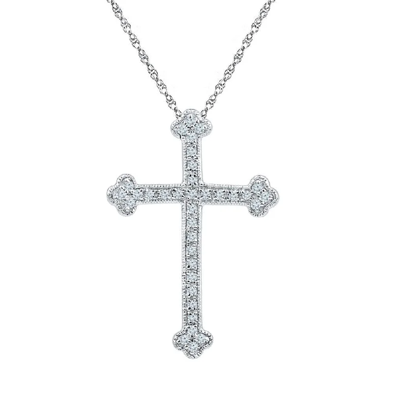 wave-shaped charm necklace-10kt White Gold Womens Round Diamond Gothic Cross Religious Pendant 1/5 Cttw