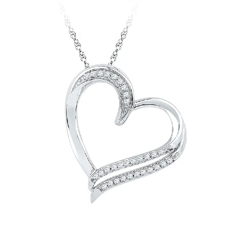 wave-shaped necklace-10kt White Gold Womens Round Diamond Heart Pendant 1/6 Cttw