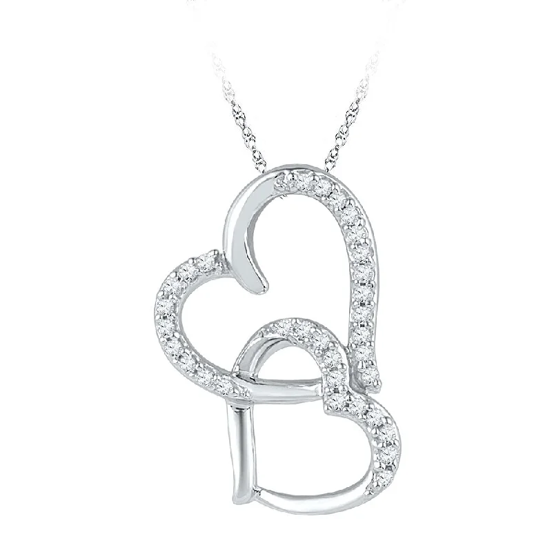 tendril carved necklace-10kt White Gold Womens Round Diamond Linked Double Heart Pendant 1/10 Cttw